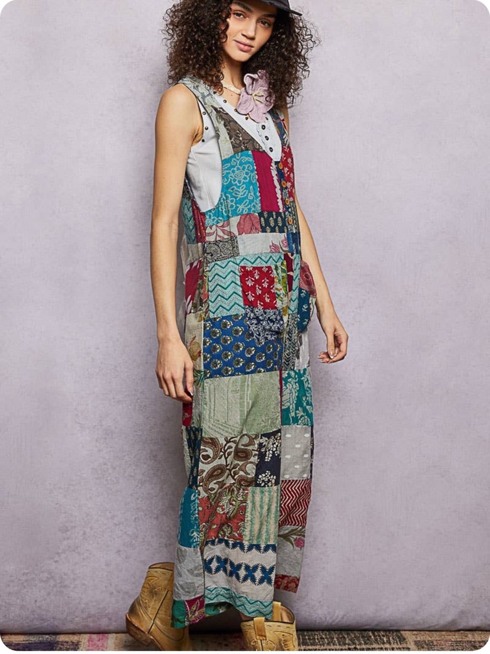 New: POL Boho Mixed Patchwork Lightweight Cropped Wide Leg Jumpsuit• Medium - Picture 8 of 9